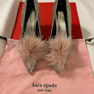 Kate Spade Marabou Glitter Pumps with Pink Feather Detail Size 10